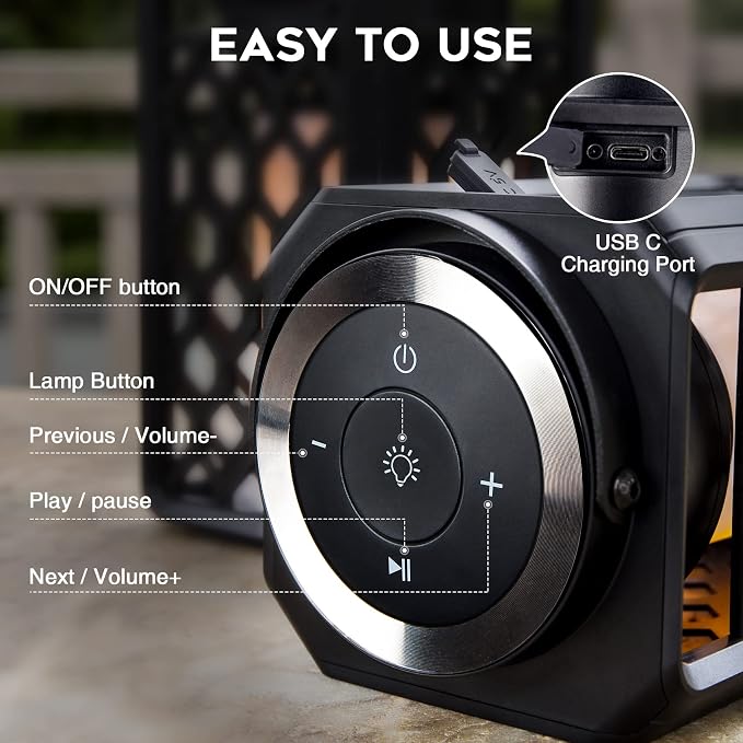 Outdoor Bluetooth Speakers, Led Flame Torch Lantern, Waterproof Wireless Speaker with Wall Mount/Stake/Hook, Camping Patio Accessories, 10W Stereo Sound, BT5.0, Cool Gadgets for Porch Garden Party