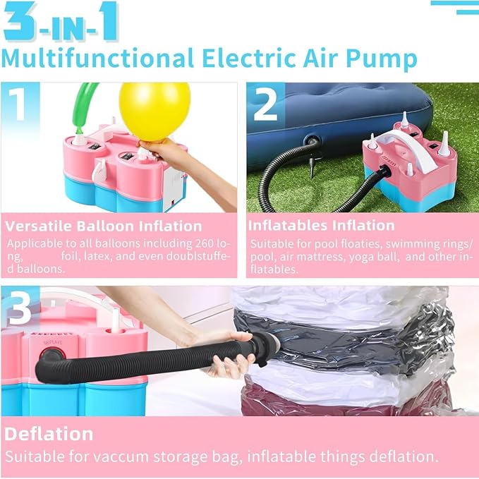 Biapian Balloon Pump Electric, 3-in-1 Portable Electric Air Pump for Balloons and Inflatables, Dual Nozzle Balloon Blower Machine for All Latex 260q Foil Balloon Inflator Deflator for Party Decoration