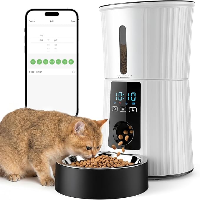 NEWBULIG 4L Automatic Cat Feeder with APP Control, 2.4G WiFi Timed Pet Feeders for Dry Food, 10 Meals/Day, 50 Portions/Meal, Dog Food Dispenser with 10s Voice Recorder, Dual Power Supply, White
