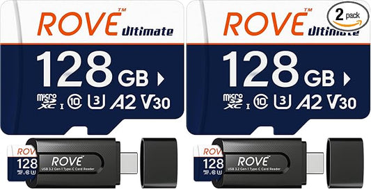 ROVE Ultimate Micro SD Card microSDXC 128GB Memory Card with USB 3.2 Type C Card Reader 170MB/s C10, U3, V30, 4K, A2 for Dash Cam, Android Smart Phones, Tablets, Games (Pack of 2)