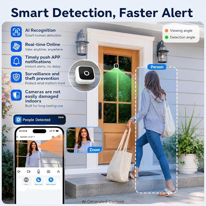 SOIADV 2.5K Window Camera Wireless,No-Drill Install,2.4GHz & 5GHz WiFi Indoor Cameras for Home Security,AI Human Detection, 6s Pre-Roll, Battery Powered,4MP Color Night Vision,SD/Cloud