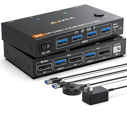 KCEVE KVM Switch 2 Computer 1 Monitor Displayport 4K@240Hz 8K@60Hz, USB 3.0 KVM Switch Displayport 2.1 for 2 PC Share 4 USB Devices Keyboard Mouse,Wired Remote(8K DP 2 in 1 Out KVM)