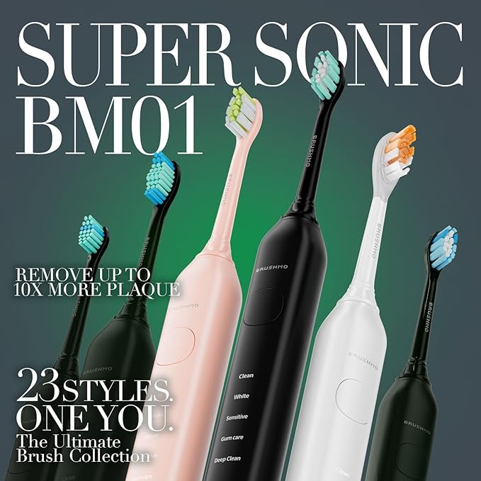Brushmo Super Sonic Electric Toothbrush with 4 Replacement Heads - Rechargeable Electronic Tooth Brush for Adults with 5 Customizable Modes - IPX7 Waterproof & Long-Lasting Battery - Black