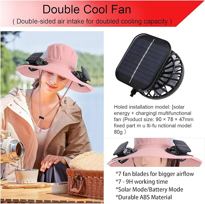 Outdoor Solar Powered Fan Hat for Men Women Breathable Wide Brim Hat with 2 Fans UPF 50+ Fishing Hat Beach Bucket Sun Hat