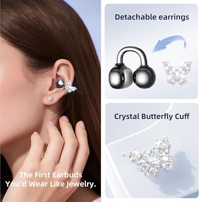 Kinglucky Gen2 Clip-On Earbuds with Butterfly Earrings, Black | Charge & Store Without Removing Earrings, Comfortable Fit, 50H Playtime, Open-Ear Bluetooth Headphones, For Women, Small Ears
