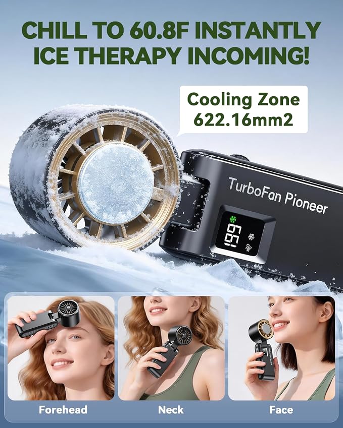 Portable Handheld Fan with Ice Cooling, 7.5m/s High Speed Turbo Fan, 150° Foldable 4-in-1 Personal Neck Fan, 199 Speed Stepless Control, USB-C Rechargeable for Travel, Makeup, Hiking, Black Gold