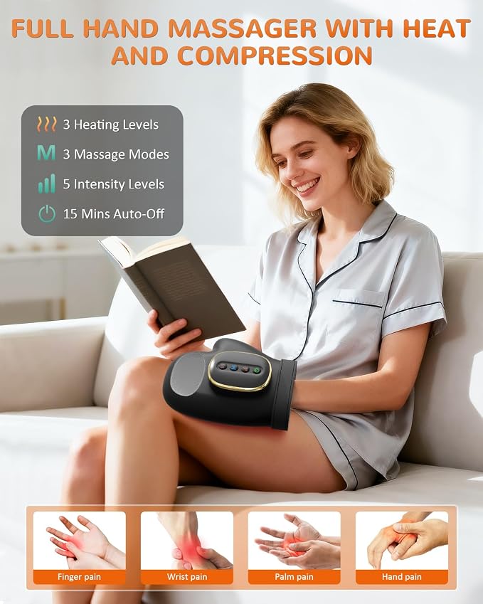 Hand Massager with Heat and Compression: Cordless Hand Massage Glove with 3 Modes, 5 Intensity & 3 Heat Therapy for Arthritis Carpal Tunnel Pain Relief - Fathers Day Dad Gifts (Black)