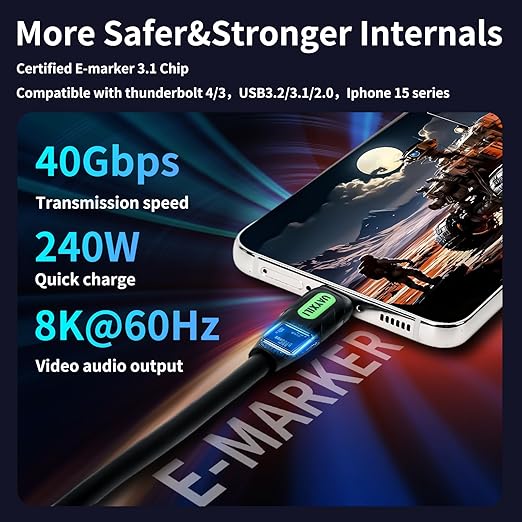 4FT/1.2M USB 4 Cable Compatible with Thunderbolt 4/3 Cable,240W Fast Charging,40Gbps Data Transfer, 8K60hz Video,USB4/USB-C Cable Compatible with iPhone 15,Docking,Latop