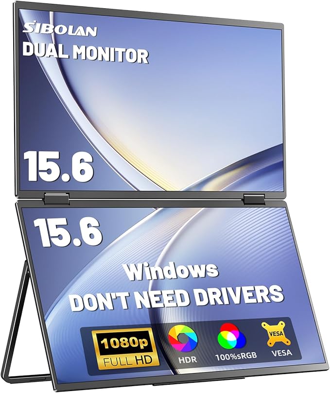 Portable Monitor Dual 15.6 Inch 1080P Dual Stacked Foldable Screen Monitor, USB-C HDMI Travel Monitor for Laptop Mac Windows, Screen Extender with Kickstand, VESA Mountable