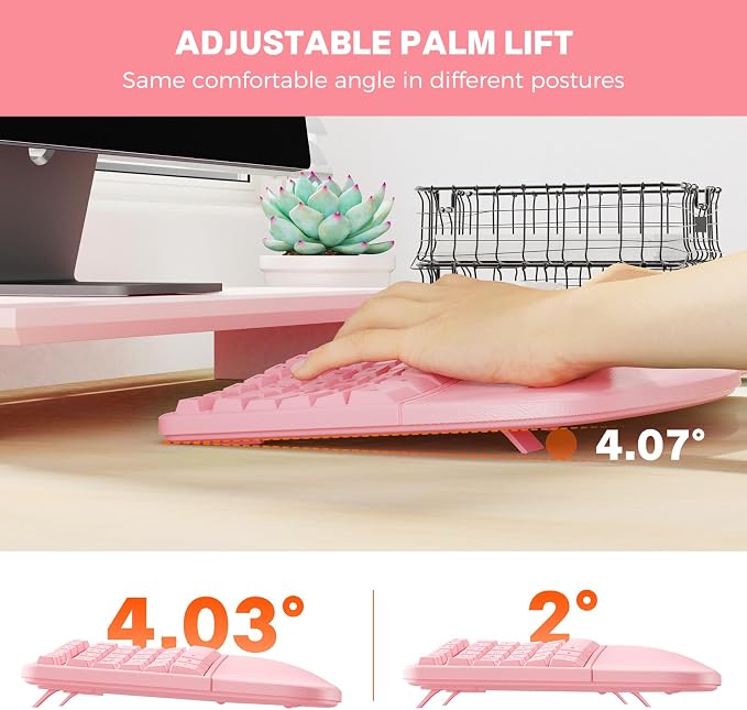 MEETION Ergonomic Keyboard and Mouse Combo, 2.4G Cordless Split Keyboard with Cushioned Palm Rest, Vertical Wireless Mouse, Natural Typing Full Size Keyboard, for Windows/Mac Pink