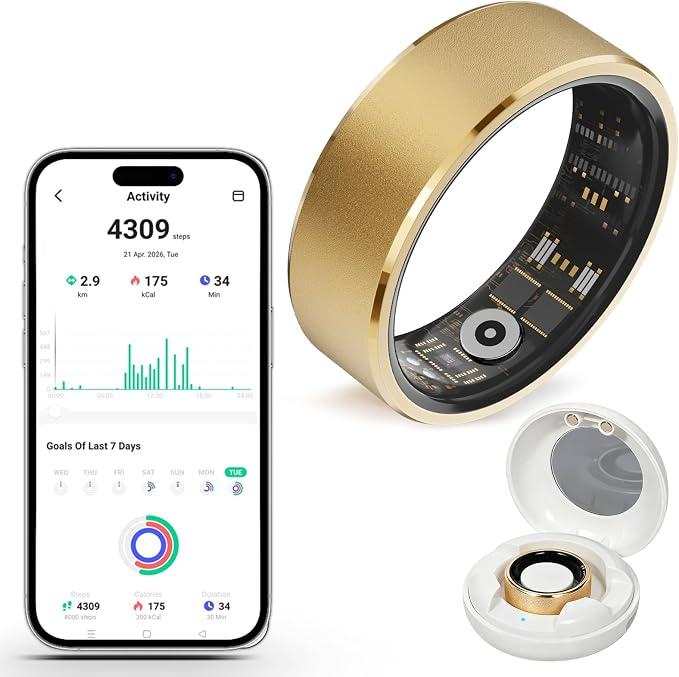 Smart Fitness and Activity Ring for Men and Women – Track Heart Rate, Sleep, Stress, Steps & More, Waterproof Fitness Tracker for iPhone and Android, No Subscription Fee, Gold 8#