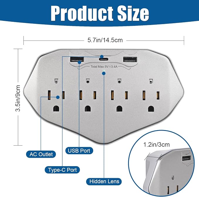 1080P HD Wireless Wall Outlet Charger Security Camera with 45W Fast Charging Station USB-C & USB-A, Home Security Camera for Baby and Pet WiFi Enabled