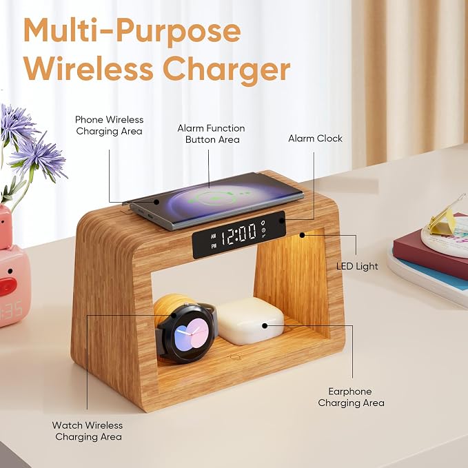 Bamboo Wireless Charging Station, 5 in 1 Charging Station with Light & Alarm Clock for Samsung & Android Phone, Wireless Phone Charger Station Only for Samsung Watch