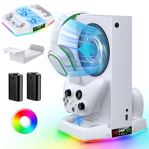 MENEEA Cooling Stand & Charging Station for Xbox Series S with 15 RGB LED Light Modes - Dual Controller Charger & Cooler Fan for Xbox Series S Accessories with 2*1400mAH Batteries and Headphone Hook
