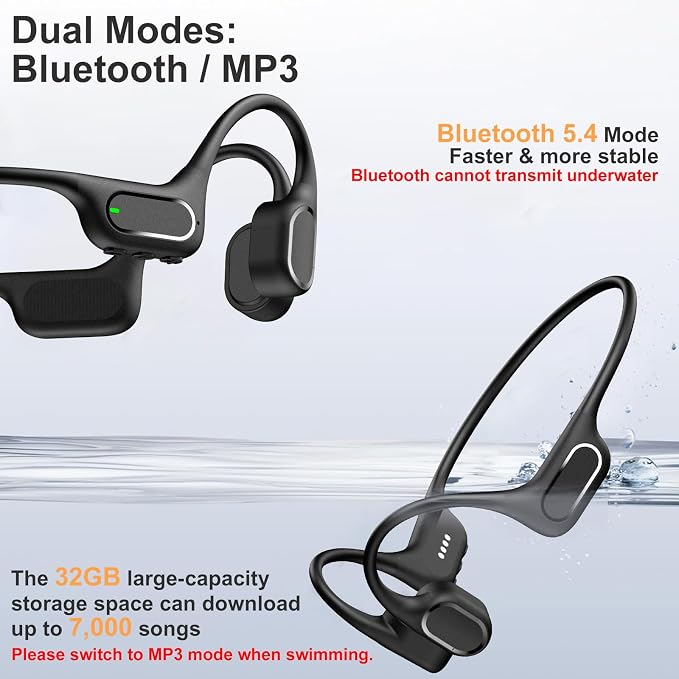 IP68 Waterproof Swimming Headphones, Bone Conduction Bluetooth 6.0 Headphones, Built-in 32GB MP3 Player, Soft Lightweight Open-Ear Design for Swimming Marathons Showers Cycling(Black