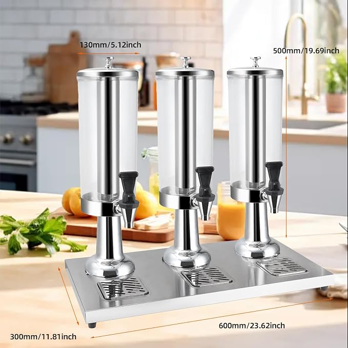 Hot and Cold Beverage Dispenser with Stand, 2.38 Gallon All-in-One Commercial Drink Dispenser with Ice Core&Stainless Steel Drip Trays for Parties, Beer Bar, Coffee (3 Head-2.38 GAL, SILVER)