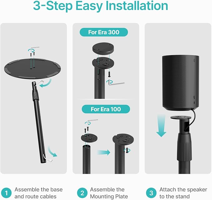 PEGZONE 26.9"-42.6" Height Adjustable Speaker Stands Compatible with SONOS Era 300 and Era 100, Floor Stands with Cable Management, Speaker Mount, Black, 2 Pack (Pair)