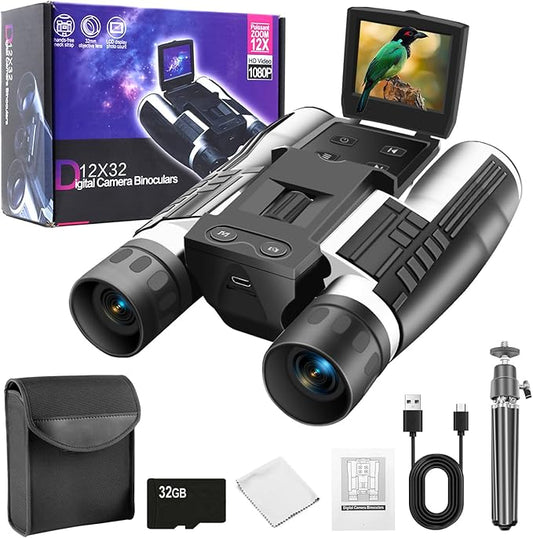 12x32 Binoculars for Adults, Digital Binoculars with Camera 12MP Photo 2K Video 2" LCD Display Screen with 32GB Micro SD Card for Bird Watching Hunting Football Concerts Theatre