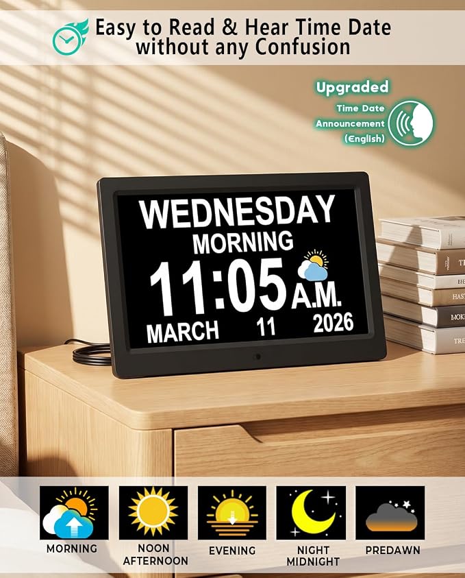 【Upgraded】11.5" Large Digtal Clock with Voice-Talking Day and Date for Seniors, 27 Alarms & Custom Reminders, 10-Level Auto Dimmer, Auto DST, 8 Colors Display Clock for Elderly Dementia Alzheimers