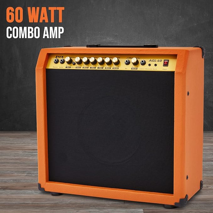 LyxPro 60 Watt Electric Guitar Amplifier, Combo Solid State Studio & Stage Amp with 10” 4-Ohm Speaker, Custom EQ Controls, Drive, Delay, ¼” Passive/Active/Mic Inputs, Aux In & Headphone Jack-Mahogany