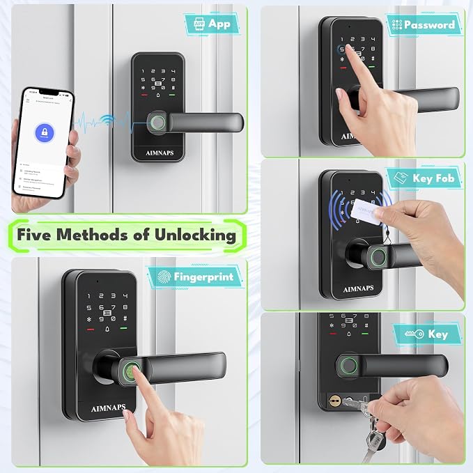 Keyless Entry Door Lock with Handle, Door Locks for Front Door, Auto Lock, WiFi Fingerprint Door Knob with App, Key, Passcode, Digital Smart Code & Front Handle Sets-Black