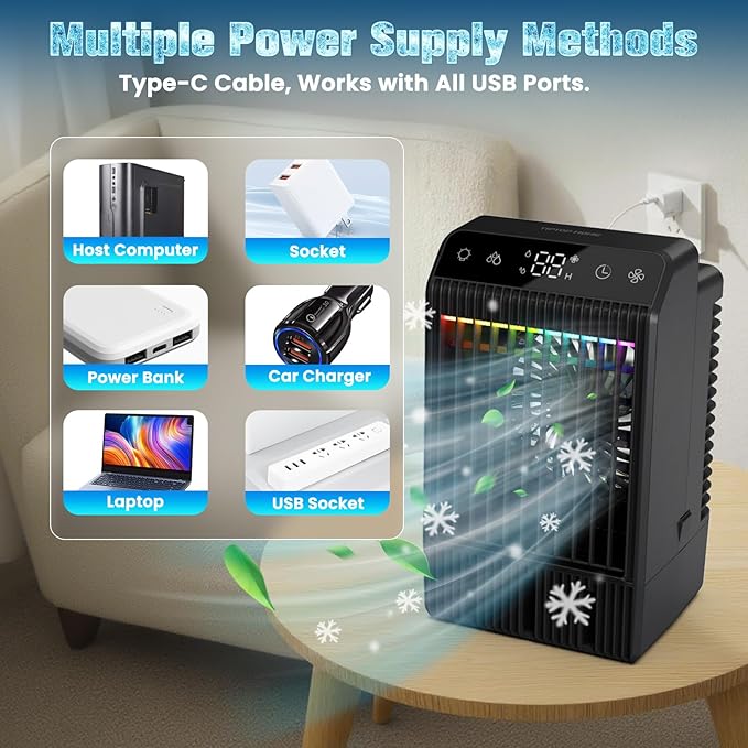 Portable Air Conditioner with LED Display, 1000ML Mini AC Air Conditioner 4-in-1 Air Cooler Humidifier with 7 Colors Light, Timer Personal Evaporative Air Cooler Cooling Fan for Bedroom Office Home