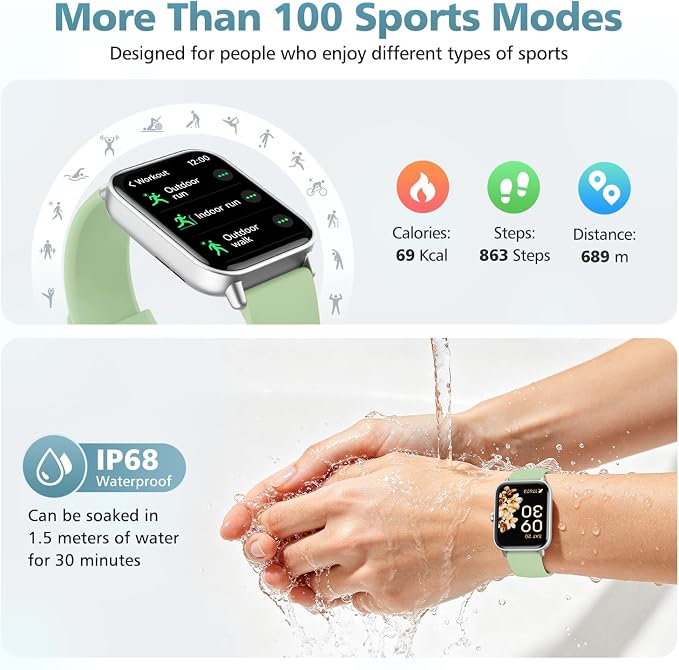 Smart Watch for Women Men, 1.85" Alexa Fitness Tracker with Call & SMS, Heart Rate, SpO2, Stress & Sleep Monitor, IP68 Waterproof Smartwatch for Android iPhone Samsung etc., 100+ Sports Modes, 2 Bands