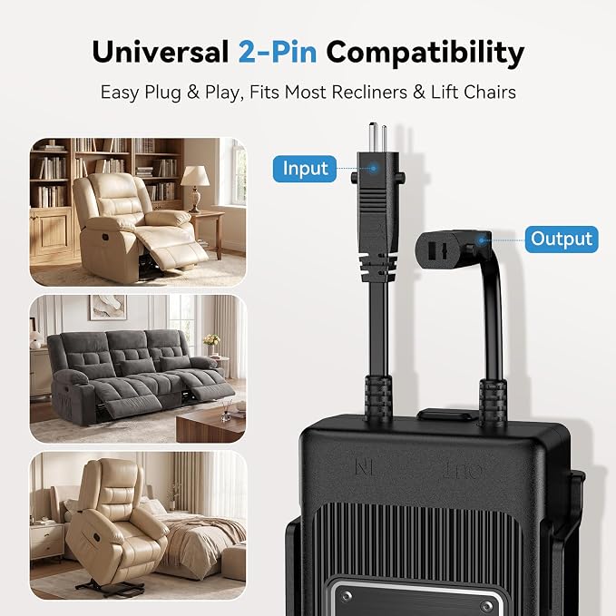 Battery Pack for Reclining Furniture, 2500mAh Rechargeable Power Recliner Battery with Universal 2-Pin, Cordless Battery Pack with LED Display for Reclining Sofa Couch & Lift Chair