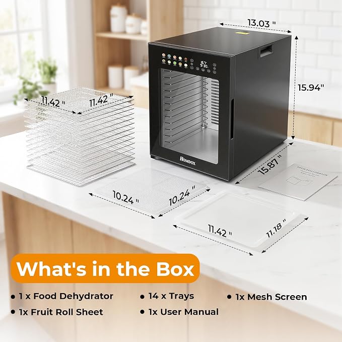 Homdox Food Dehydrator for Jerky & Fruit, 14 Stainless Steel Trays, 850W Food Dryer with 10 Presets, 48H Timer & 167°F Temperature Control, Dehydrator Machine for Herbs, Meat, Dog Treats