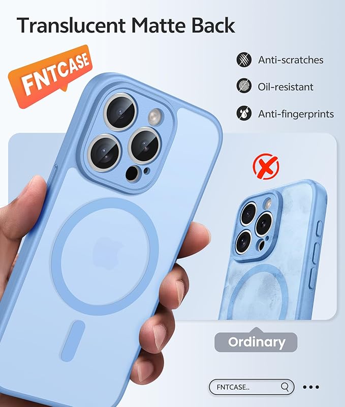 FNTCASE for iPhone 15 Pro Case: [Compatible with Magsafe] Translucent Matte Cases with [Full Camera Protection] [Screen Protector] Military Grade Shockproof Protective Phone Cover - Light Blue