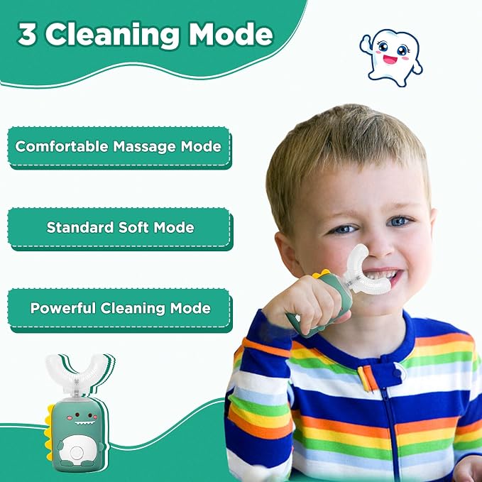 Kids U Shaped Electric Toothbrush for Age 2-12, Rechargeable Toddler Toothbrush with 60S Smart Timer, Dinosaur Design, IPX7 Waterproof & 360°Cleaning,Develop Kids' Brushing Habits