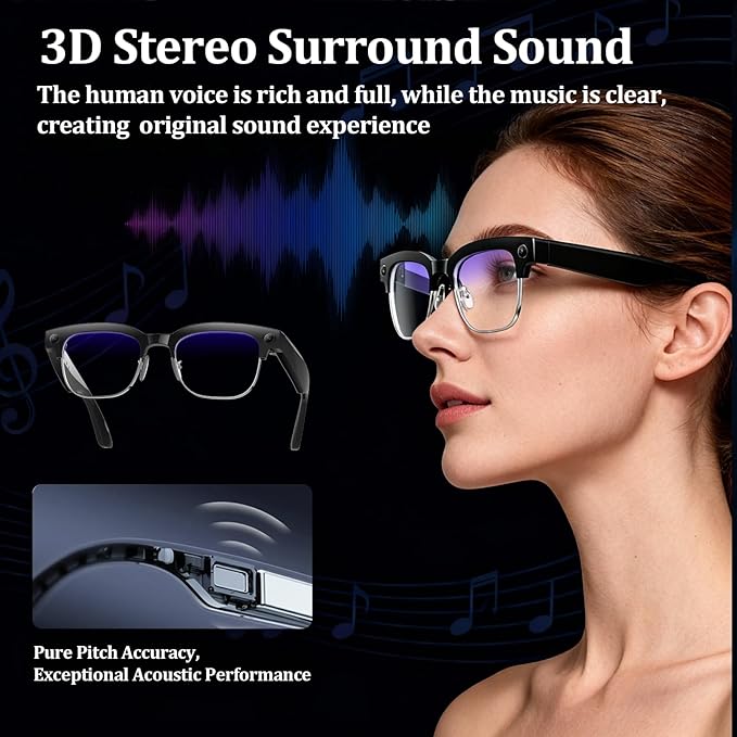 AI Smart Glasses with Camera, 8MPW Anti-Shake Bluetooth Camera Glasses, 1080P Video Recording Dual Mic Noise Reduction, Real Time Translation&Simultaneous Interpretation, 290mAh Capacity(W630)