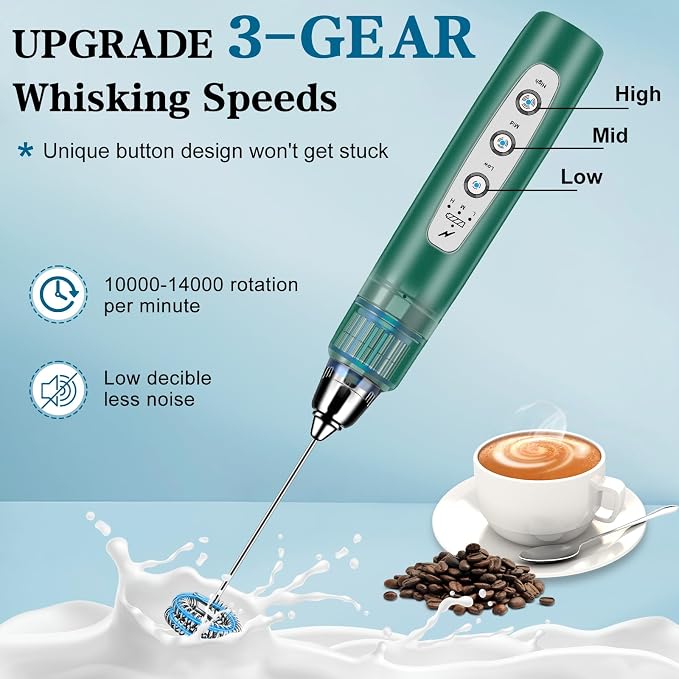 BSRGMS Milk Frother Handheld for Coffee, Electric Whisk 3 Speed Adjustable, Drink Mixer with Stainless 3 Whisks, Rechargeable Hand Frother Wand, for Latte Cappuccino Hot Chocolate Egg Green