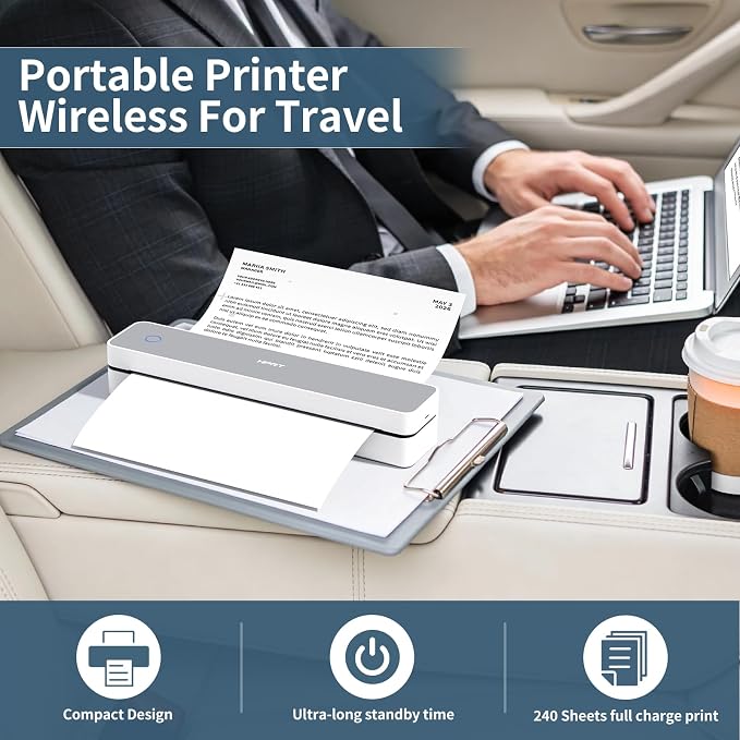 HPRT Inkless Portable Printer Wireless for Travel,Thermal Printer Supports 8.5" x 11" US Letter&A4&A5,Compatible with iOS,Android, Laptop, MT610 Pro,300 DPI,White