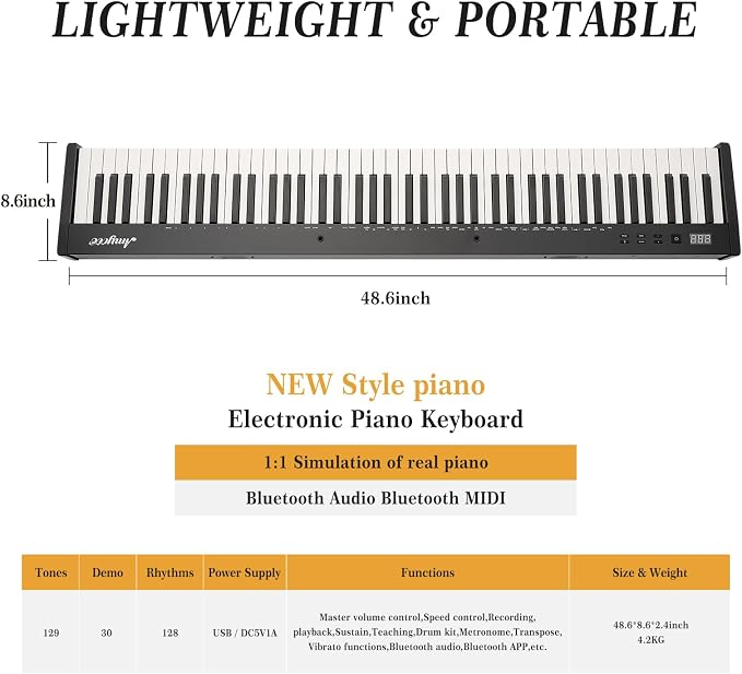 GarveeLife 88 Key Keyboard Piano, Full-Size Electric Keyboard Piano for Beginners, Portable Electric Piano with Stand, Headphones, Sustain Pedal, Handbag, Bluetooth, USB MIDI