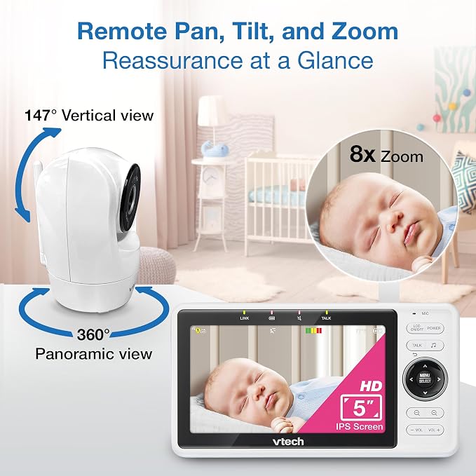 VTech Smart WiFi Baby Monitor, 2 Cameras – See Both Rooms at Home or from Anywhere, Free App, 1080p Split Screen, 5" HD Screen, Pan-Tilt-Zoom, Night Vision | VM901-2