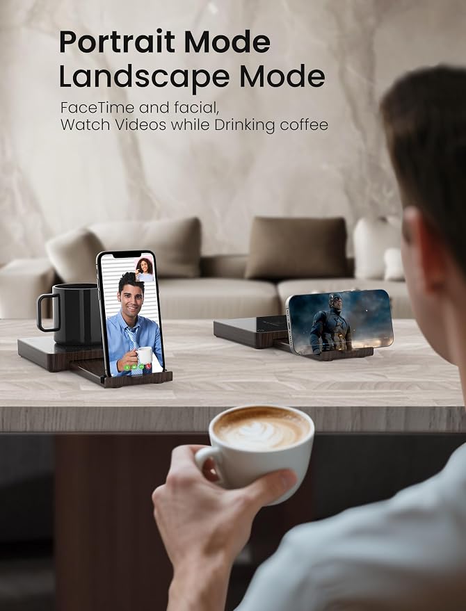 Coffee Mug Warmer with 15W Wireless Phone Charger & 3A USB Charging Port, 3 Temp Settings & 8H Auto Shut Off, Candle Warmer Plate for Heating Coffee, Milk, Tea & Candles,Valentine's Day Gift(Wood)