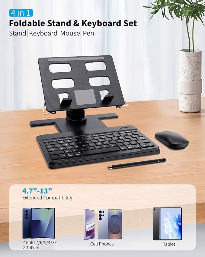Desk Stand and Bluetooth Keyboard Combo for Samsung Galaxy Z Fold 7/6/5/Z Trifold, 4 in 1 Set Include Mouse Pen, Adjustable Foldable Tablet Stand Holder Fits for Motorola Razr Fold 2026