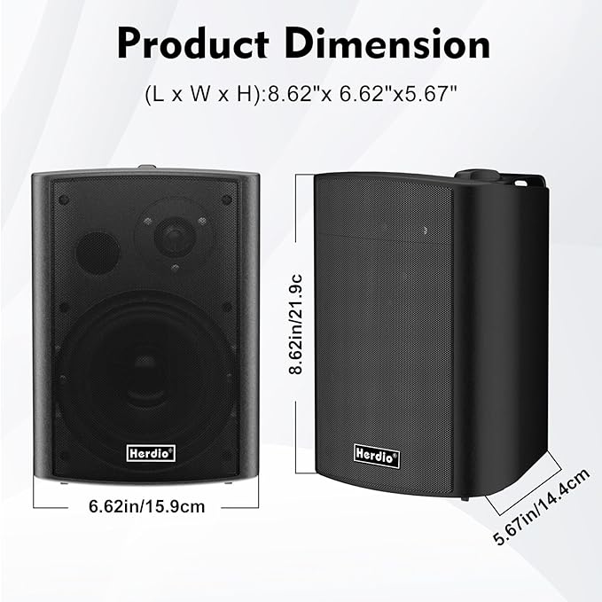 Herdio 4" 200W Outdoor Bluetooth Speakers, IPX5 Waterproof Rating and Be Able to Wireless Multi-Connection Up to 20 Units for Patio/Porch/Balcony (Black, 2-Pack)