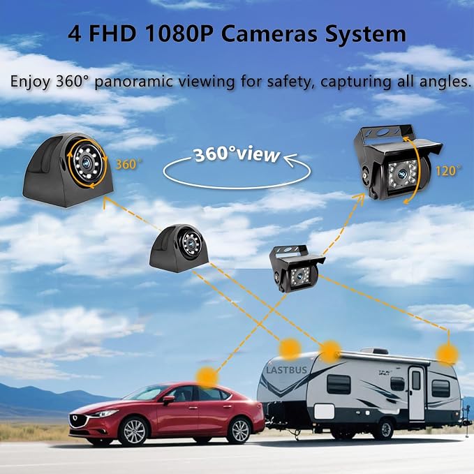 7'' RV Camera System for RV Semi-Truck Trailer Camper, 4 Split Screen Quad View HD DVR Recording Monitor + IP69K Waterproof Night Vision Rear & Side View Backup Camera to Eliminate Blind Spots