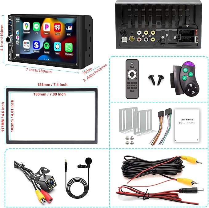 7" Double Din Car Stereo with Wireless Apple CarPlay,Car Radio Build-in Bluetooth 5.2,IPS Touchscreen 1024x600,FM Radio,Backup Camera,Dual USB,Type-C Fast Charging,GPS Navigation,Subwoofer,Car Play