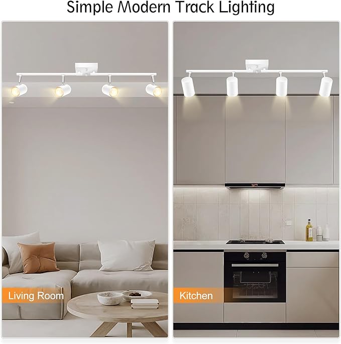 BoostArea 4-Light Track Lighting Kit, Modern Track Lighting Fixtures Ceiling, Rotatable Light Heads, Flush Mount Ceiling Spotlight, White Track Lighting for Living Room/Bedroom, GU10 Bulb Not Included