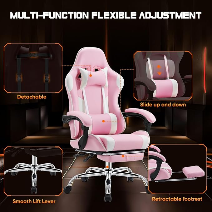 Heavy Duty Gaming Chair, Ergonomic Gamer Chair for Home Office with Footrest, Lumbar Support, Adjustable Backrest, Stable 360° Swivel Wheels for Adults, Professional Gamers and Teens, Pink
