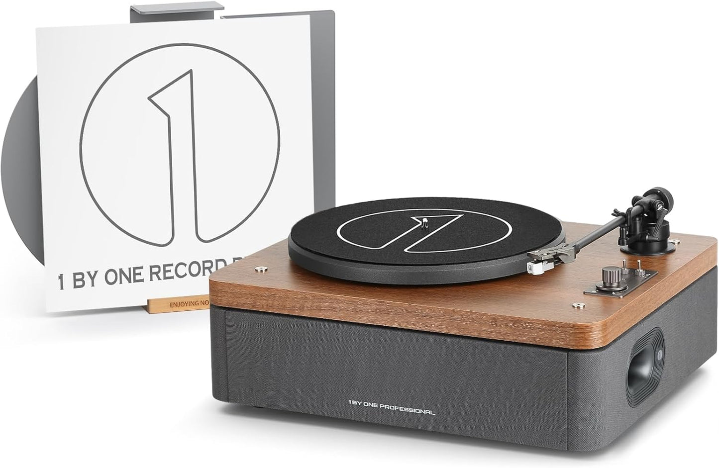 1 by ONE All-in-One Vinyl Record Player, HiFi Turntable Built-in Speakers, Phono Preamp, Magnetic Cartridge AT-3600L, Belt Drive 2 Speeds, Vintage Wood Design