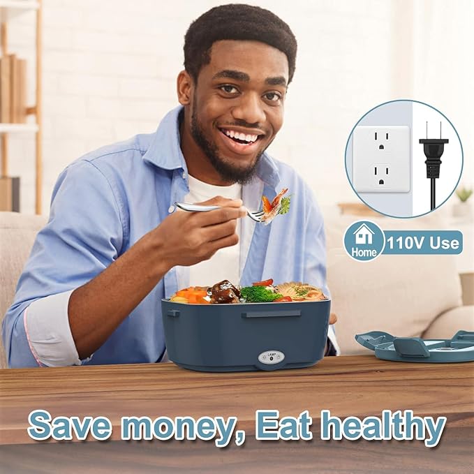 WisaKey Electric Lunch Box 80W Heated LunchBox for Adults 12V 24V 110V 220V Portable Food Warmer Lonchera Eléctrica Portátil with 2 Stainless Steel Containers Gifts Fathers Day for Dad Husband Men