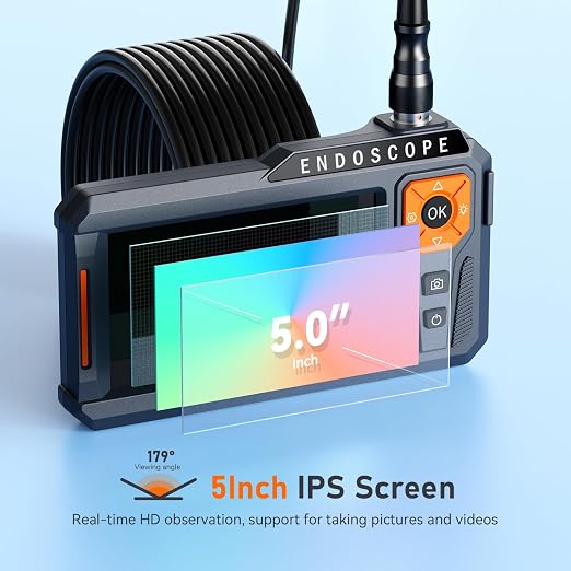 Triple Lens Borescope with 32G Card, Ginocaco 5" IPS Endoscope Camera with Light Support Photo/Video, IP67 Waterproof Snake Camera with Semi-Rigid Cable for Automotive, Plumbers, HVAC(16.4Ft)