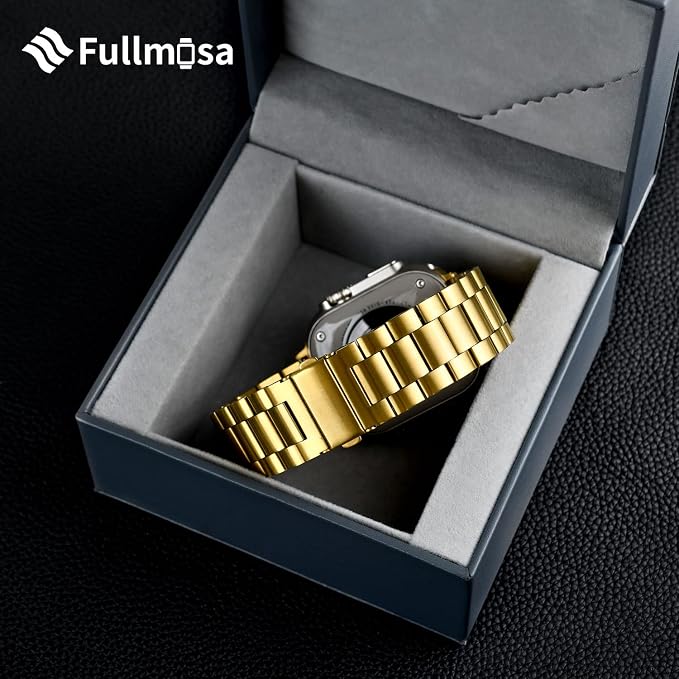 Fullmosa Metal Band Compatible with Apple Watch Bands 45mm 44mm 42mm, iWatch Band with Case for Apple Watch Series 9 8 7 6 5 4 3 2 1 SE3/2/1, Golden
