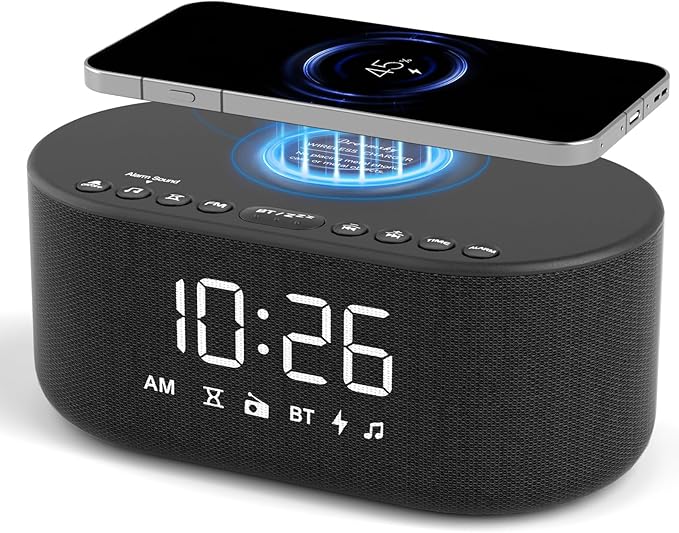 DreamSky Alarm Clock Radio with Wireless Charging and Bluetooth Speaker | Loud Alarm for Heavy Sleepers, Bedroom Digital FM Radio with Sleep Timer, 0-100% Dimmer, 9 Alarm Sounds & 16 Volumes, USB