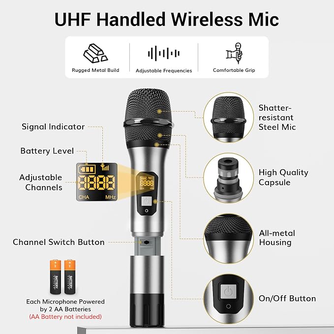 TONOR Wireless Microphones System with Metal 2 Cordless Mic and 2 Headset/Lapel/Lavalier Mic, Bodypack Transmitter, Receiver for Karaoke Church Singing Party PA Speaker, 4*10 Channels 90 m/295ft Range