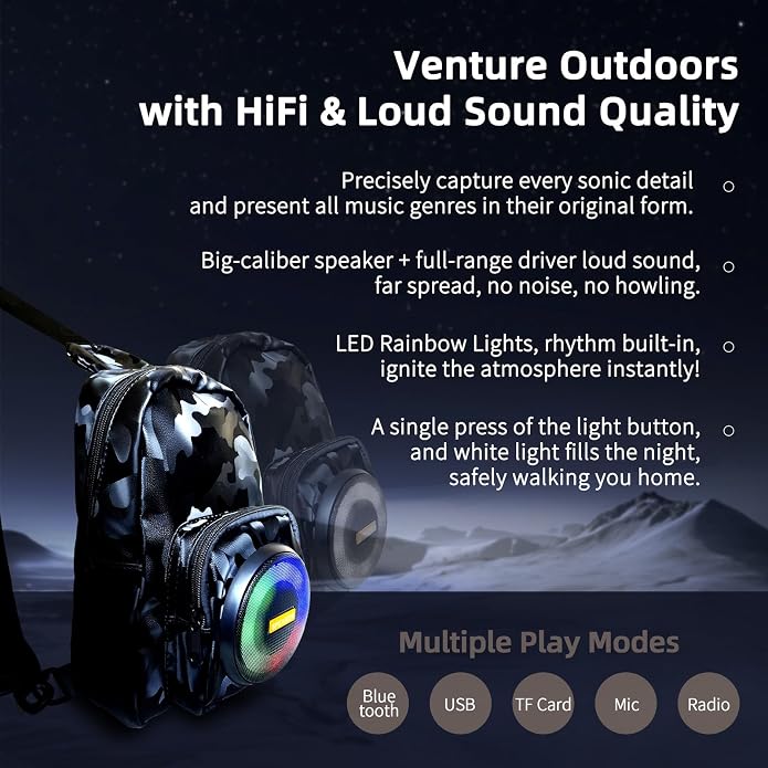 Portable Bluetooth Speaker Bag, Chest Crossbody Sling Bag with LED Light,Wearable Audio Music Shoulder Bag for Hiking Cycling | speaker LED light